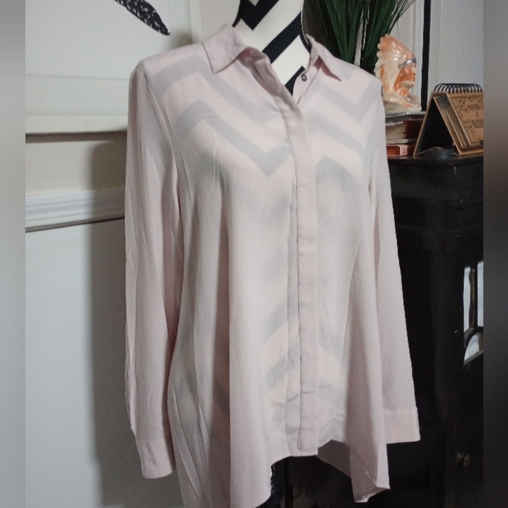 Leo & Sage 100% Silk Button Up Blouse Light Pink Size Large- Semi Sheer
